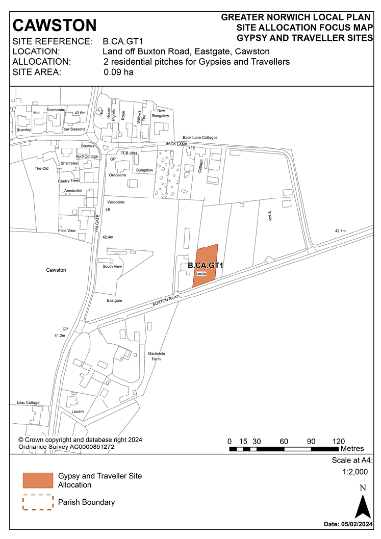 CAWSTON SITE REFERENCE: B.CA.GT1 LOCATION: Land off Buxton Road, Eastgate, Cawston ALLOCATION: 2 residential pitches for Gypsies and Travellers SITE AREA: 0.09 ha