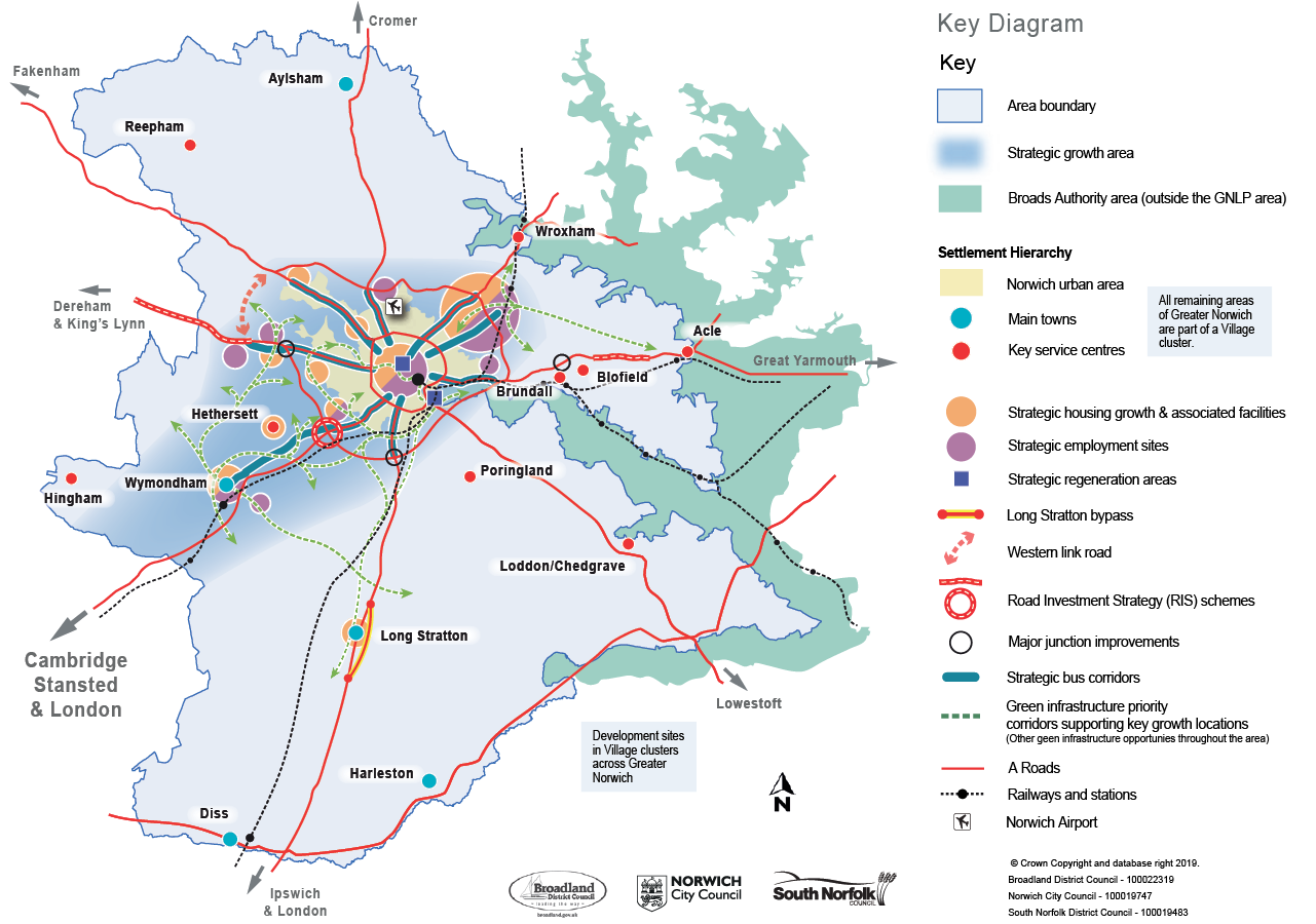 Development Sites in Village Clusters across Greater Norwich, showing Norwich urban area/Main towns/Key service centres, highlighting: Strategic housing growth and associated facilities, Strategic employment sites, Strategic regeneration areas.