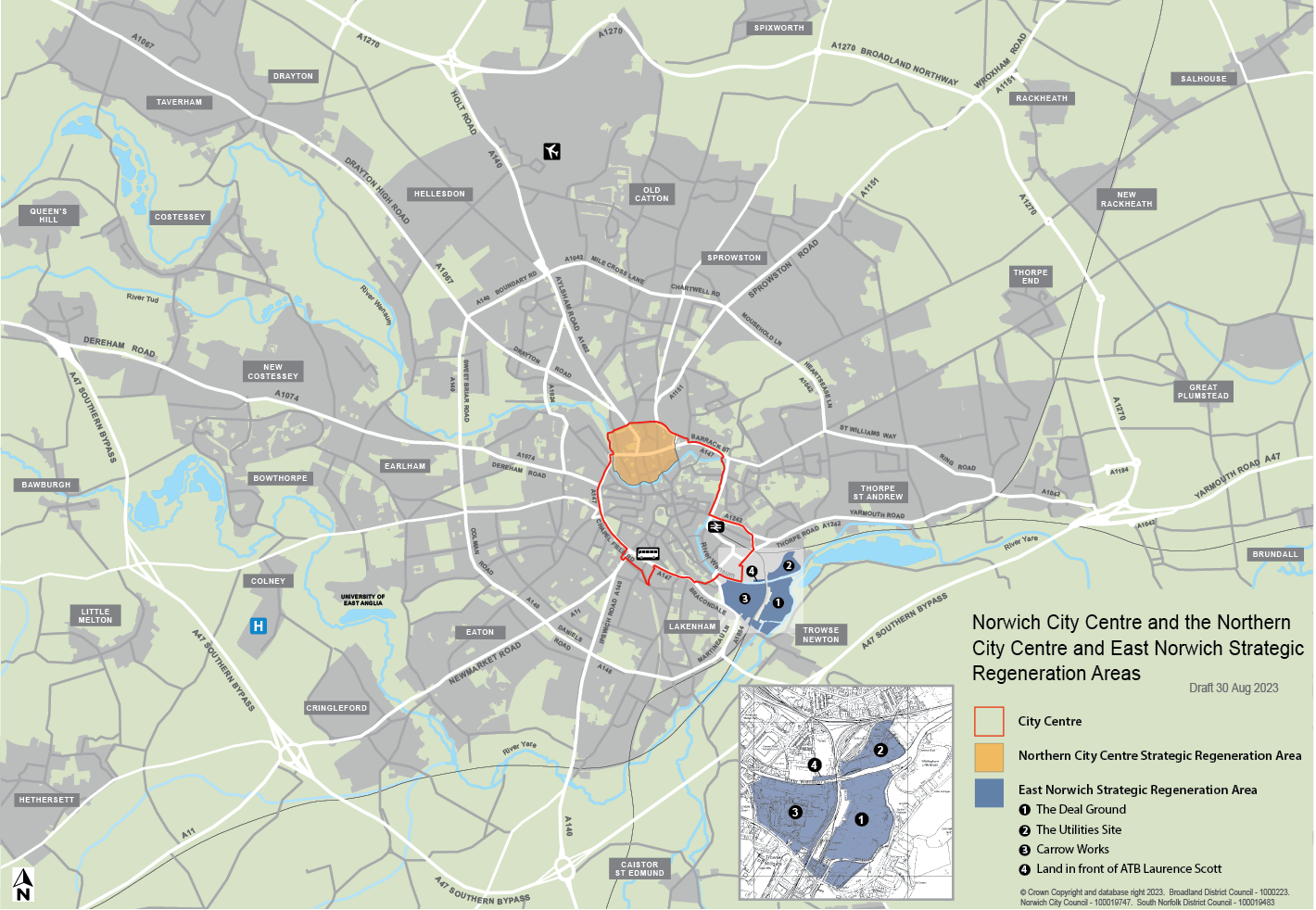 Strategic Regeneration areas highlighted in Northern City Centre and East Norwich (1. The Deal Ground, 2. The Utilities Site, 3. Carrow Works, 4. Land in front of ATB Laurence Scott).