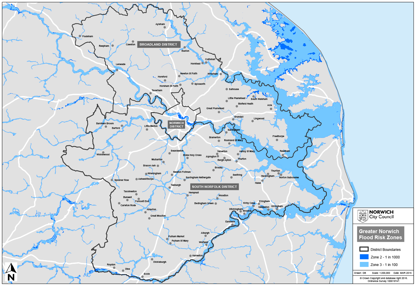 Greater Norwich Flood Risk Zones: District Boundaries, Zone 2 - 1 in 1000, Zone 3 - 1 in 100. 