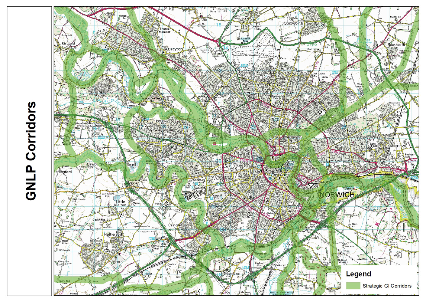 Map of Norwich Urban Area showing GNLP Strategic GI Corridors