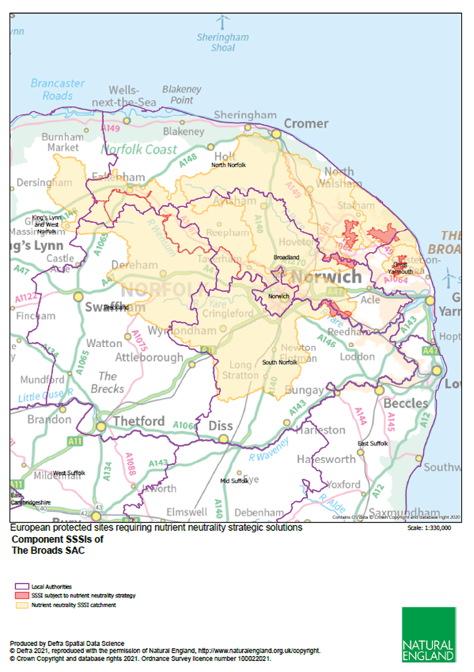 Map of Norfolk showing Local authorities, Norwich areas of Nutrient neutrality SSSI catchment (e.g. South Norfolk, Norwich, Broadland, North Norfolk), and SSSI subject to nutrient neutrality strategy (e.g. Great Yarmouth)