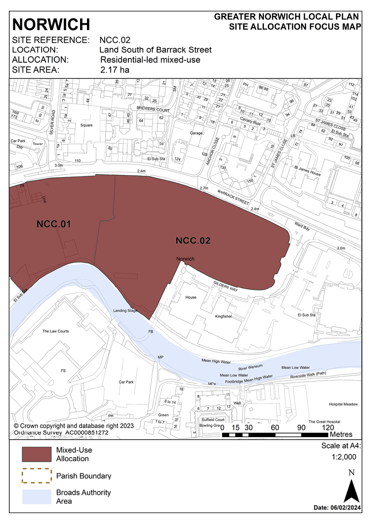 NORWICH Site Reference: NCC.02. Location: Land South of Barrack Street. Allocation: Residential-led mixed-use. Site Area: 2.17ha.