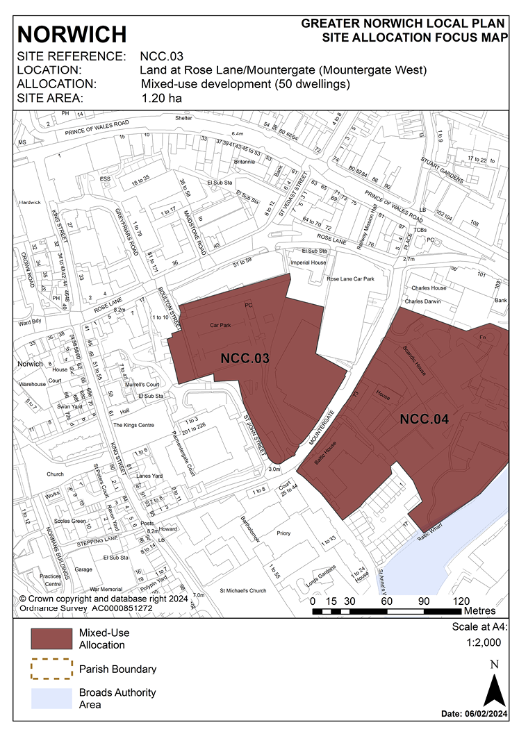 NORWICH Site Reference: NCC.03. Location: Land at Rose Lane/Mountergate West. Allocation: Mixed-use development (50 dwellings) Site Area: 1.20ha.