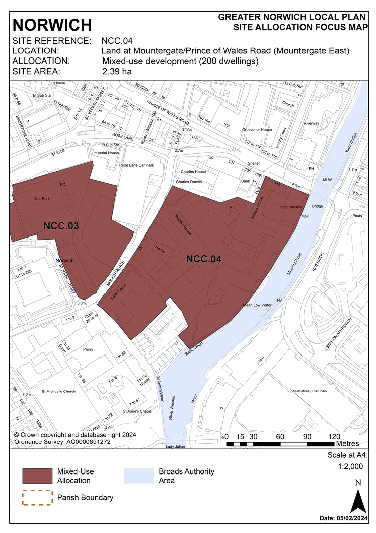 NORWICH Site Reference: NCC.04 Location: Land at Mountergate/Prince of Wales Road (Mountergate East). Allocation: Mixed-use development (200 dwellings). Site Area: 2.39ha.