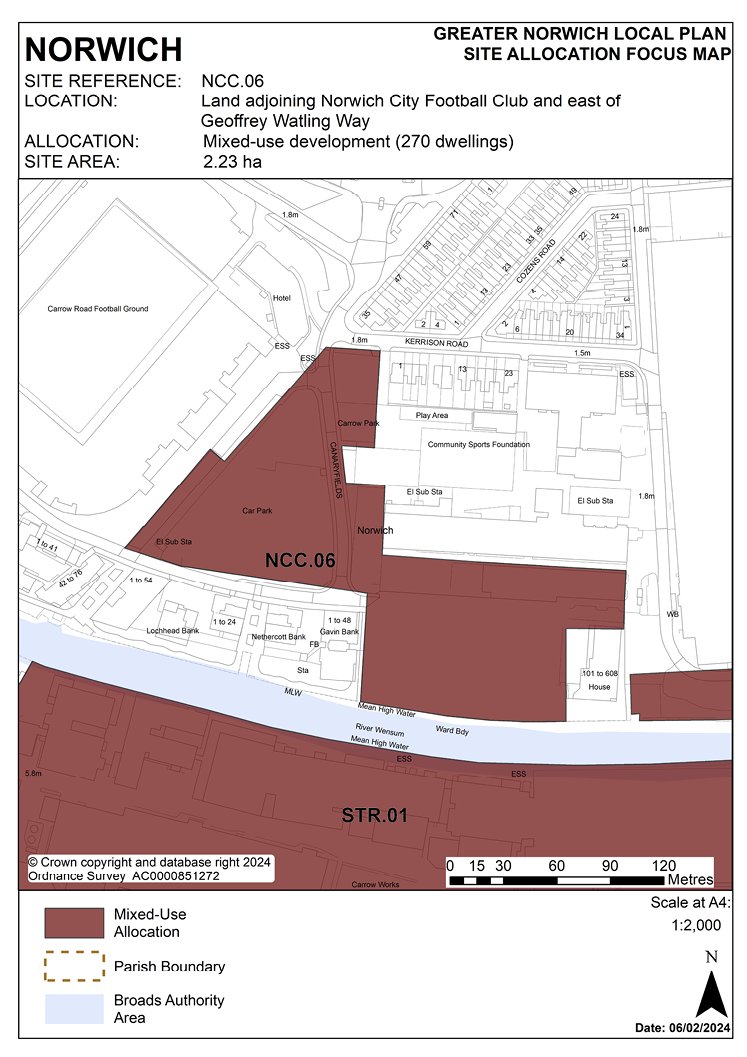 NORWICH Site Reference: NCC.06 Location: Land adjoining Norwich City Football Club and east of Geoffrey Watling Way. Allocation: Mixed-use development (270 dwellings). Site Area: 2.23ha.