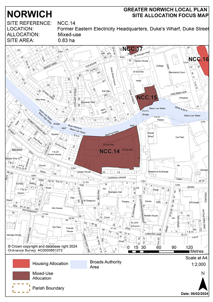 NORWICH Site Reference: NCC.14 Location: Former Eastern Electricity Headquarters, Duke's Wharf, Duke Street. Allocation: Mixed-use. Site Area: 0.83ha.