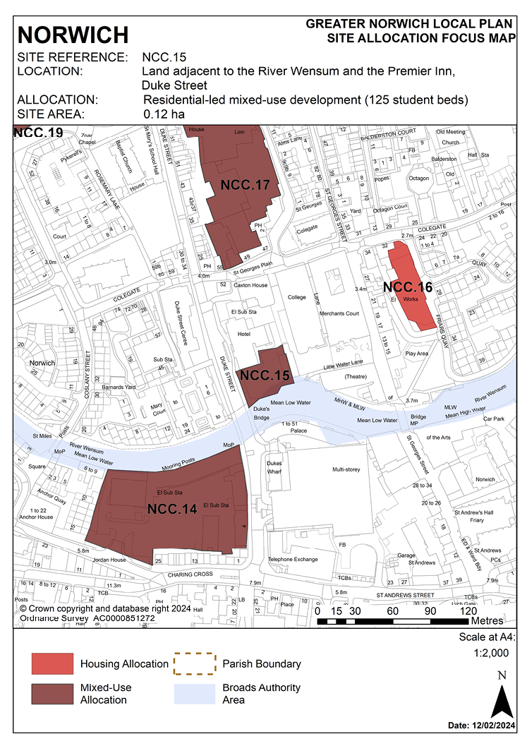 NORWICH Site Reference: NCC.15 Location: Land adjacent to the River Wensum and the Premier Inn, Duke Street. Allocation: Residential-led mixed-use development (125 student beds). Site Area: 0.12ha.