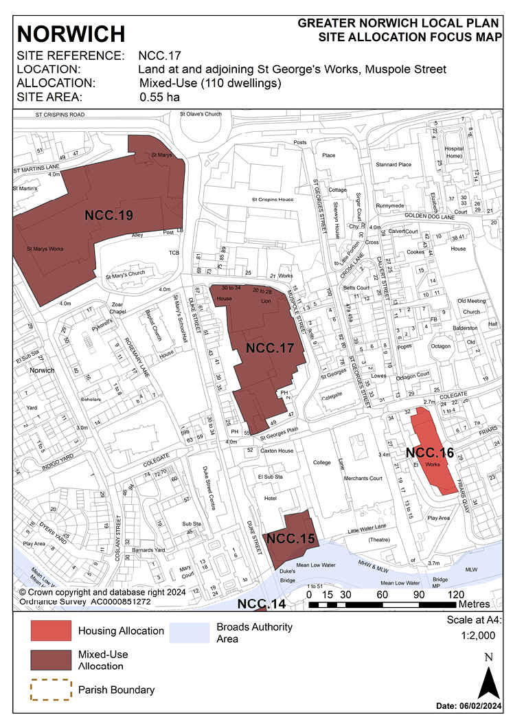 NORWICH Site Reference: NCC.17 Location: Land at and adjoining St George's Works, Muspole Street. Allocation: Mixed-Use (110 dwellings). SITE AREA: 0.55 ha