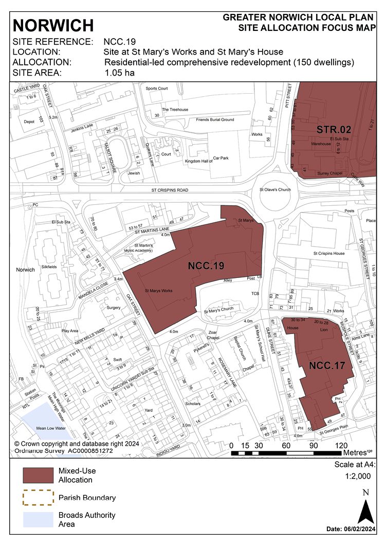 NORWICH SITE REFERENCE: NCC.19, LOCATION: Site at St Mary's Works and St Mary's House, ALLOCATION: Residential-led comprehensive redevelopment (150 dwellings) SITE AREA: 1.05 ha