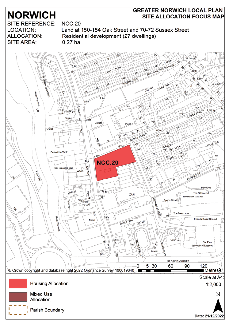 NORWICH SITE ALLOCATION: NCC.20, LOCATION: Land at 150-154 Oak Street and 70-72 Sussex Street. ALLOCATION: Residential development (27 dwellings) SITE AREA: 0.27 ha