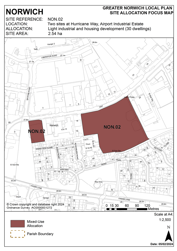 NORWICH SITE REFERENCE: NON.02 LOCATION: Two sites at Hurricane Way, Airport Industrial Estate ALLOCATION: Light industrial and housing development (30 dwellings). SITE AREA: 2.54 ha