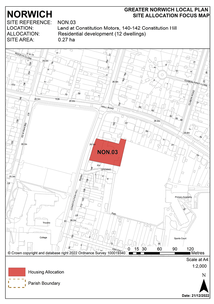 NORWICH SITE REFERENCE: NON.03. LOCATION: Land at Constitution Motors, 140 - 142 Constitution Hill ALLOCATION: Residential development (12 dwellings) SITE AREA: 0.27 ha