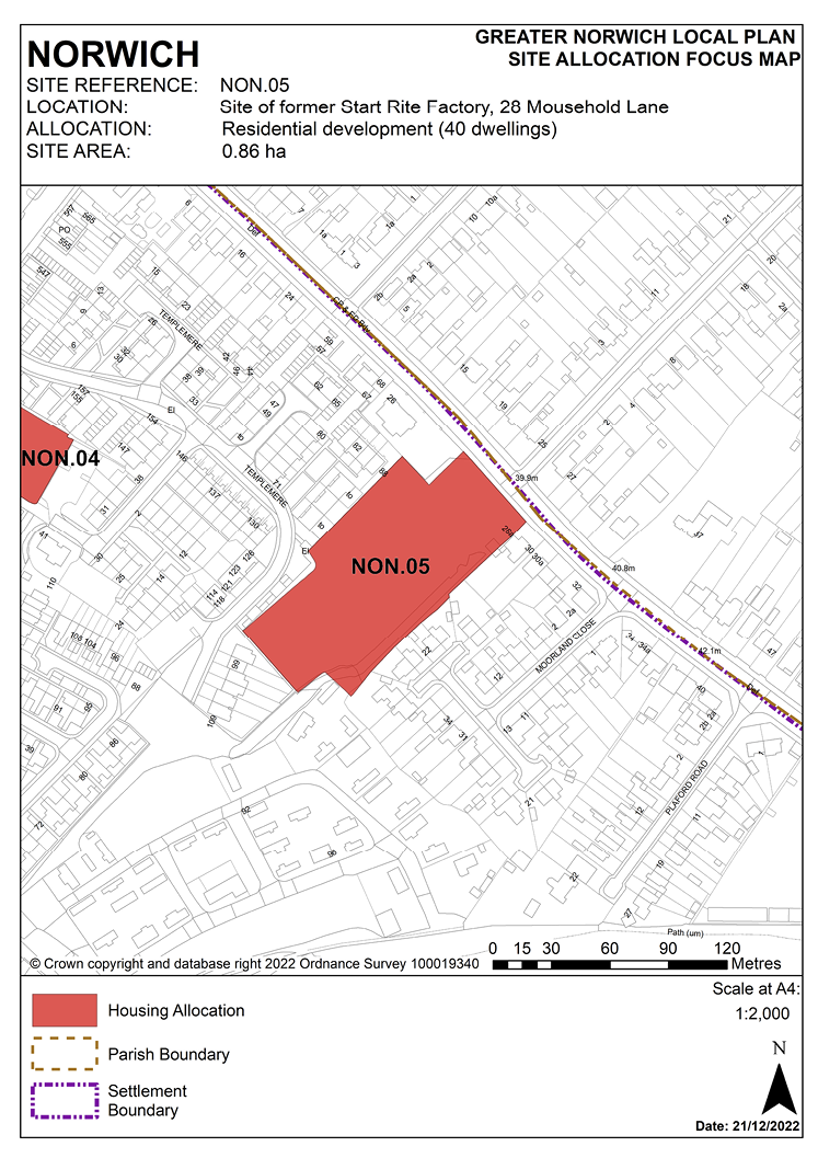 NORWICH SITE REFERENCE: NON.05. LOCATION: Site of former Start Rite Factory, 28 Mousehold Lane. ALLOCATION: Residential development (40 dwellings). SITE AREA: 0.86 ha.