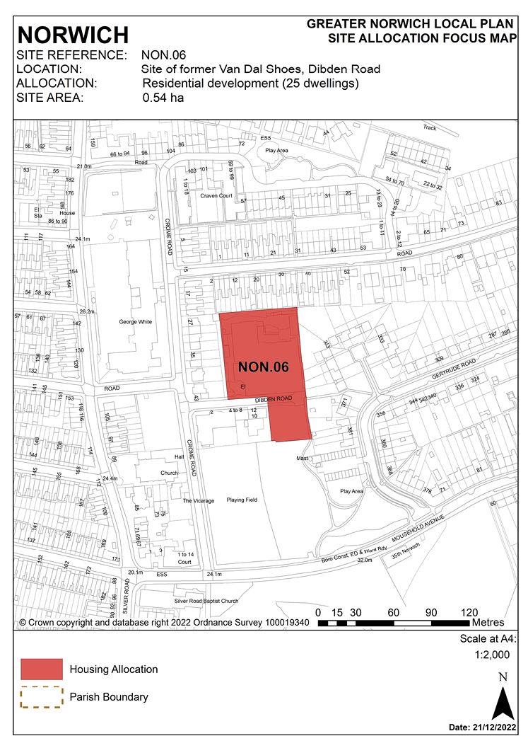 NORWICH SITE REFERENCE: NON.06 LOCATION: Site of former Van Dal Shoes, Dibden Road. ALLOCATION: Residential development (25 dwellings). SITE AREA: 0.54 ha