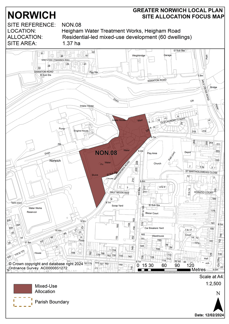 NORWICH. SITE REFERENCE: NON.08 LOCATION: Heigham Water Treatment Works, Heigham Road. ALLOCATION: Residential-led mixed-use development (60 dwellings). SITE AREA: 1.37 ha