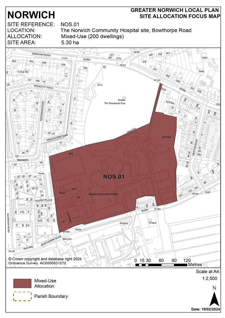 NORWICH. SITE REFERENCE: NOS.01 LOCATION: The Norwich Community Hospital site, Bowthorpe Road. ALLOCATION: Mixed-Use (200 dwellings). SITE AREA: 5.30 ha