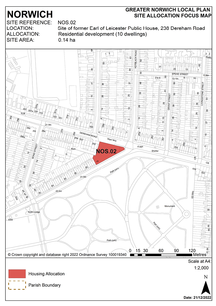 NORWICH. SITE REFERENCE: NOS.02 LOCATION: Site of former Earl of Leicester Public House, 238 Dereham Road. ALLOCATION: Residential development (10 dwellings). SITE AREA: 0.14 ha