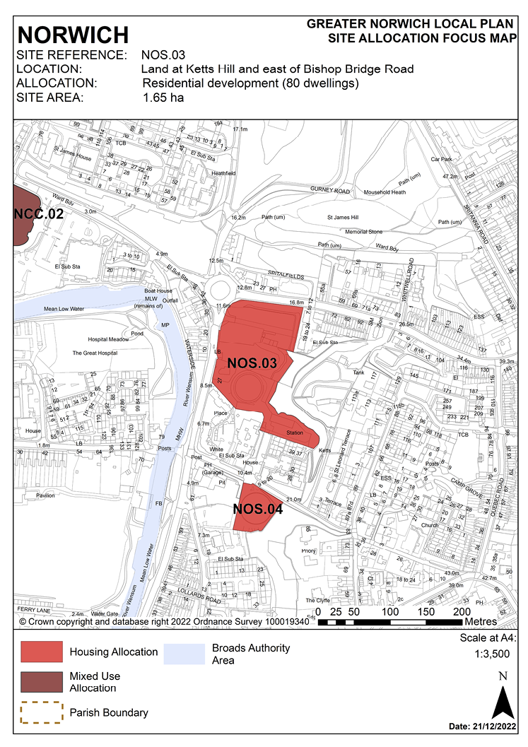 NORWICH SITE REFERENCE: NOS.03. LOCATION: Land at Ketts Hill and east of Bishop Bridge Road ALLOCATION: Residential development (80 dwellings). SITE AREA: 1.65 ha