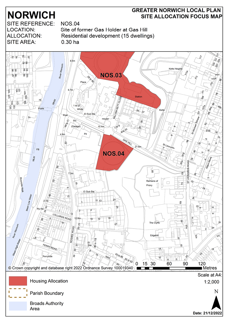NORWICH SITE REFERENCE: NOS.04. LOCATION: Site of former Gas Holder at Gas Hill. ALLOCATION: Residential development (15 dwellings). SITE AREA: 0.30 ha.