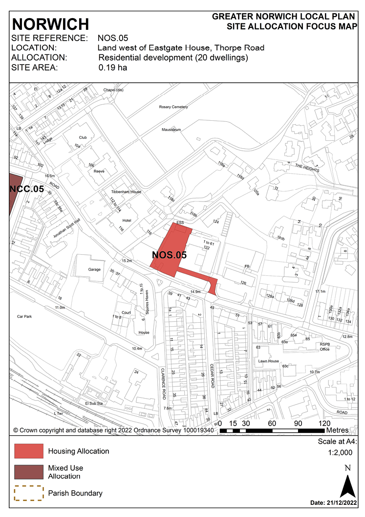 NORWICH SITE REFERENCE: NOS.05. LOCATION: Land west of Eastgate House, Thorpe Road. ALLOCATION: Residential development (20 dwellings). SITE AREA: 0.19 ha