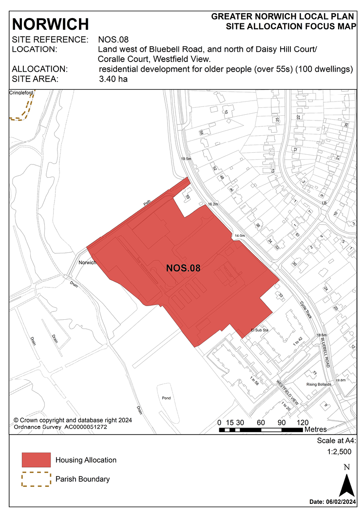 NORWICH SITE REFERENCE: NOS.08. LOCATION: Land west of Bluebell Road, and north of Daisy Hill Court/ Coralie Court, Westfield View. ALLOCATION: residential development for older people (over 55s) (100 dwellings). SITE AREA: 3.40 ha.