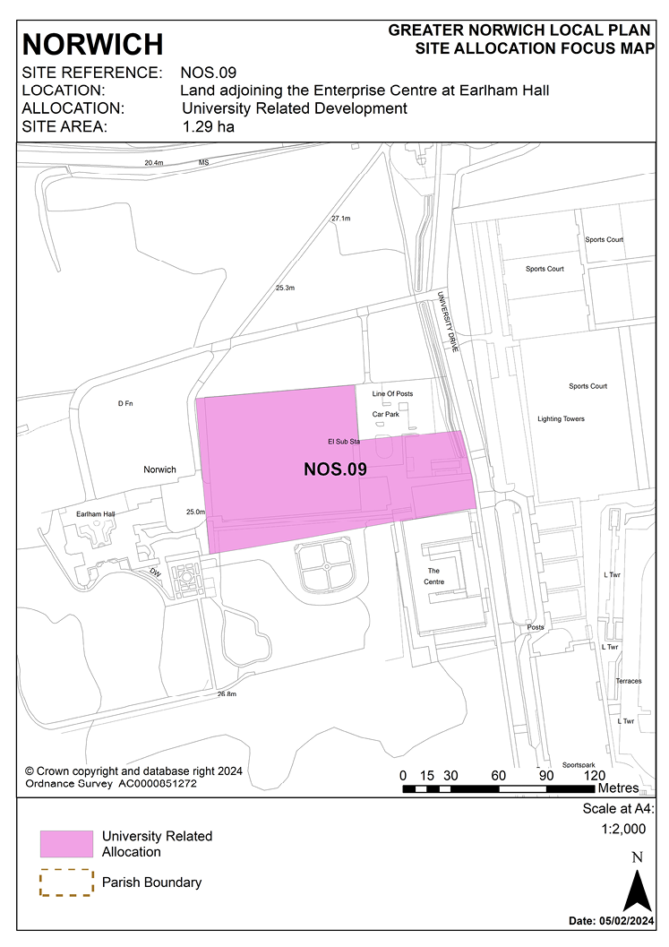 NORWICH SITE REFERENCE: NOS.09. LOCATION: Land adjoining the Enterprise Centre at Earlham Hall ALLOCATION: University Related Development. SITE AREA: 1.29 ha