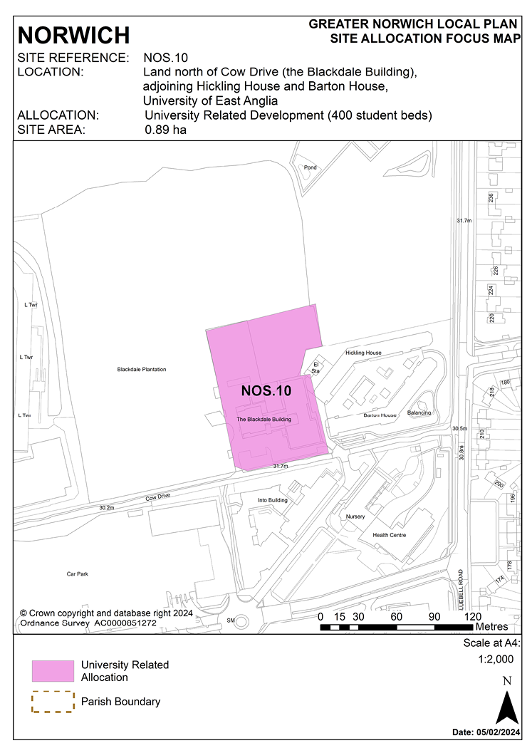 NORWICH SITE REFERENCE: NOS.10. LOCATION: Land north of Cow Drive (the Blackdale Building), adjoining Hickling House and Barton House, University of East Anglia ALLOCATION: University Related Development (400 student beds) SITE AREA: 0.89 ha