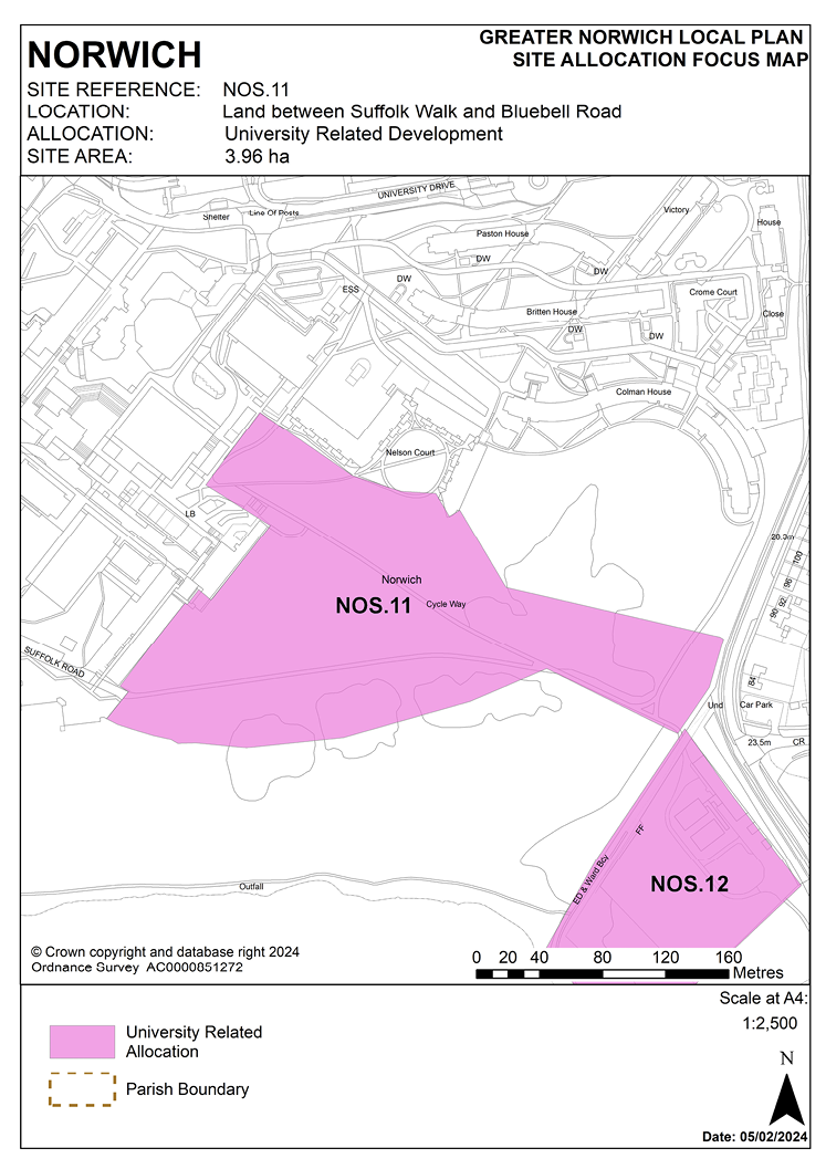 NORWICH SITE REFERENCE: NOS.11. LOCATION: Land between Suffolk Walk and Bluebell Road ALLOCATION: University Related Development. SITE AREA: 3.96 ha