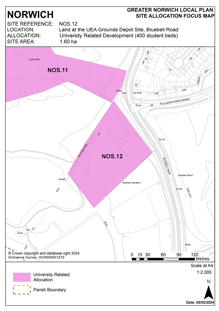 NORWICH. SITE REFERENCE: NOS.12 LOCATION: Land at the UEA Grounds Depot Site, Bluebell Road. ALLOCATION: University Related Development (400 student beds). SITE AREA: 1.60 ha.