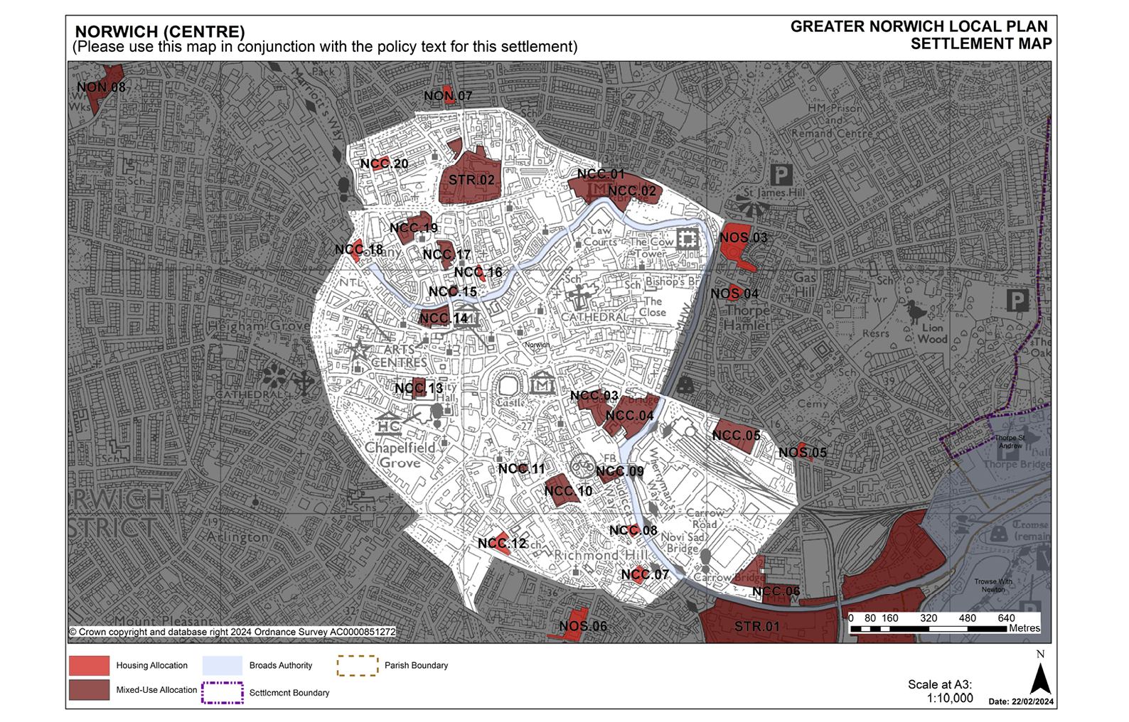 NORWICH (CENTRE) Settlement Map marked with Housing Allocation, Broads Authority, Parish Boundary , Mixed-Use Allocation, Settlement Boundary.