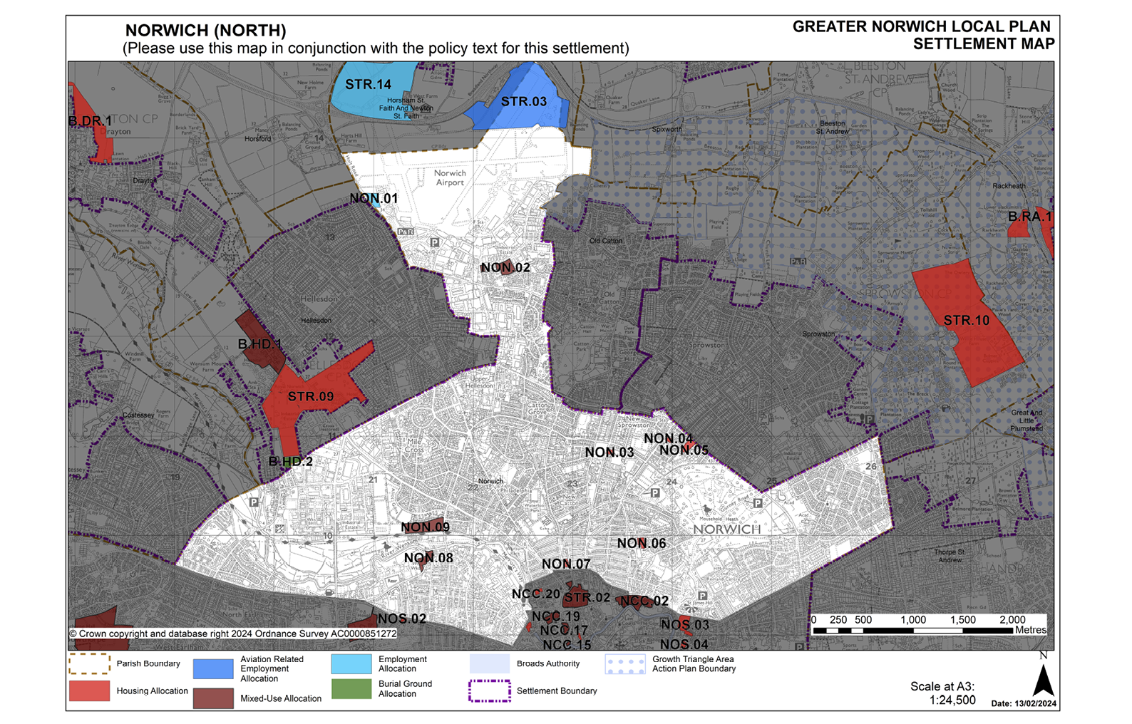Settlement Map marking the Parish Boundary, Aviation Related Employment Allocations, Employment Allocations, Broads Authority, Growth Triangle Area Action Plan Boundary, Housing Allocation, Mixed-Use Allocation, Burial Ground Allocation and the Settlement Boundary.