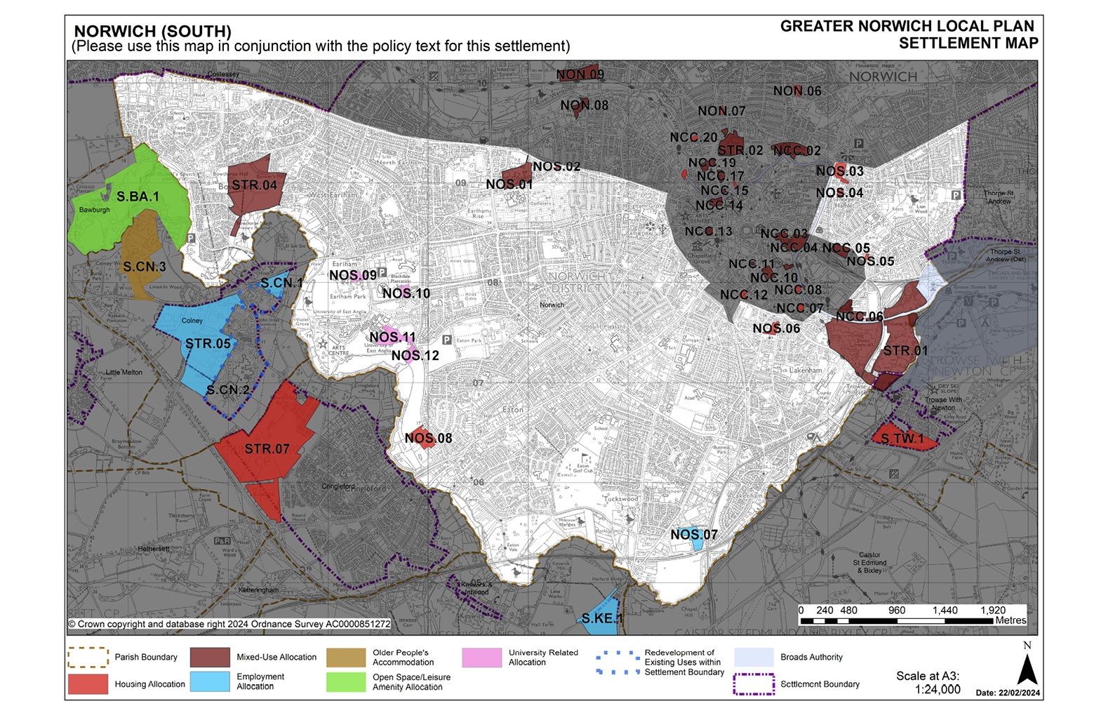 NORWICH (SOUTH) Settlement Map showing Parish Boundary, Mixed-use Allocation, Older People's Accommodation, University Related Allocation, Redevelopment of Existing Uses within Settlement Boundary, Broads Authority, Housing Allocation, Employment Allocation and Open Space/Leisure Amenity Allocation.