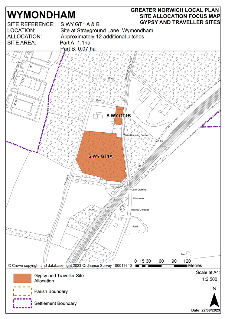 WYMONDHAM SITE REFERENCE: S.WY.GT1 A& B LOCATION: Site at Strayground Lane, Wymondham ALLOCATION: Approximately 12 additional pitches SITE AREA: Part A - 1.1 ha, Part B - 0.07 ha.
