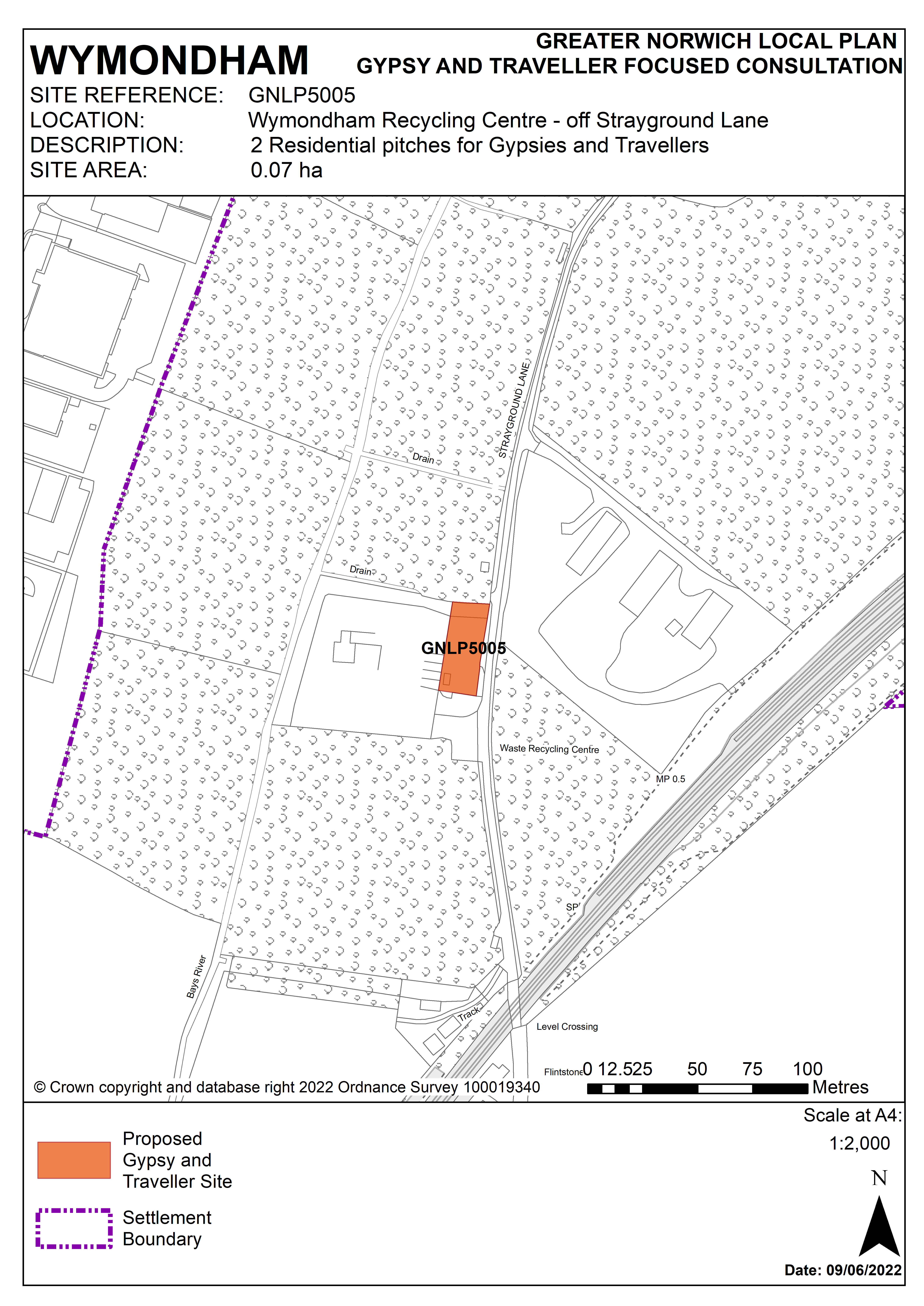 Map showing proposed Gypsy and Traveller site at Strayground Lane Wymondham Recycling Centre, Wymondham