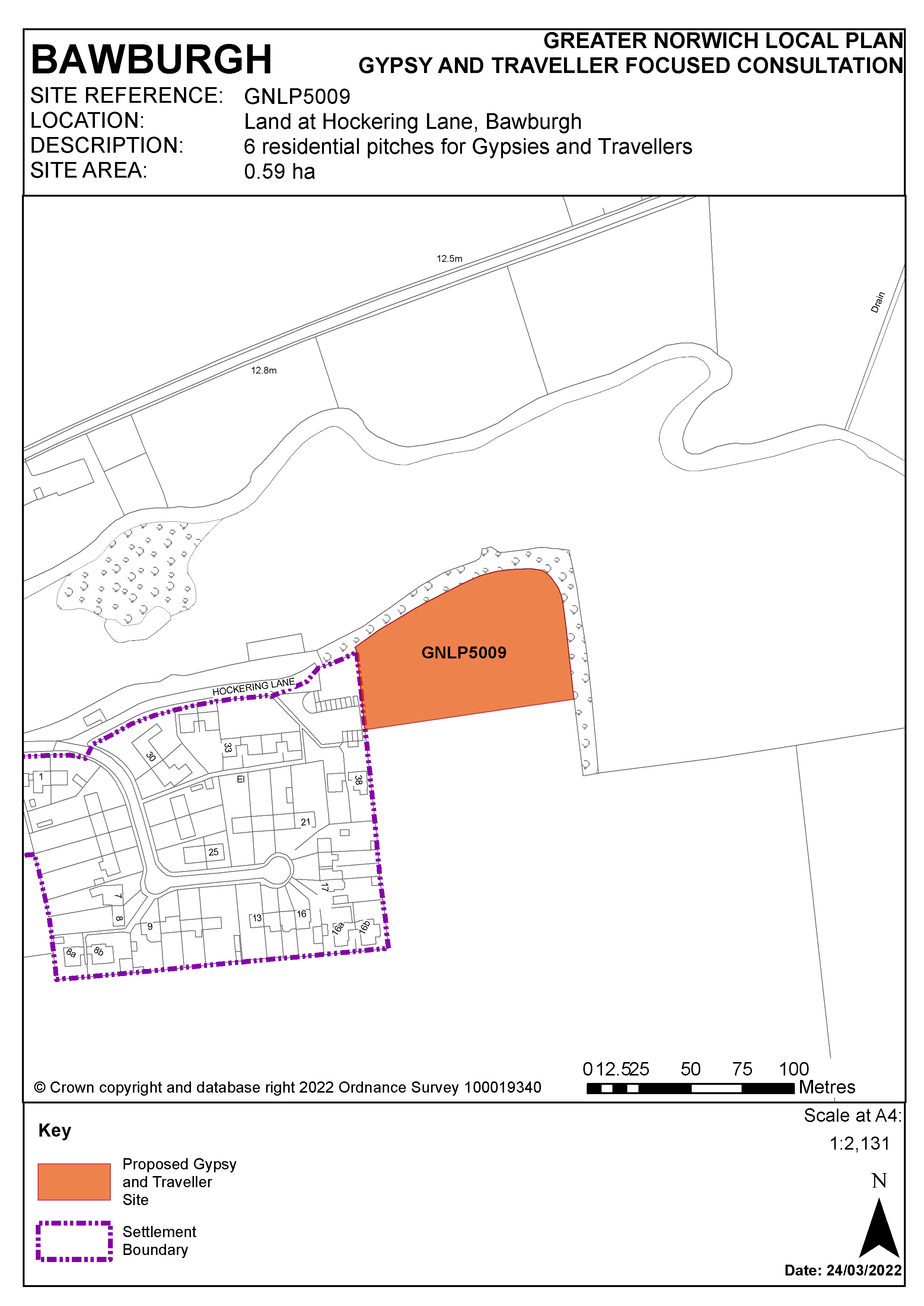 Map showing proposed Gypsy and Traveller site allocation at Hockering Lane, Bawburgh
