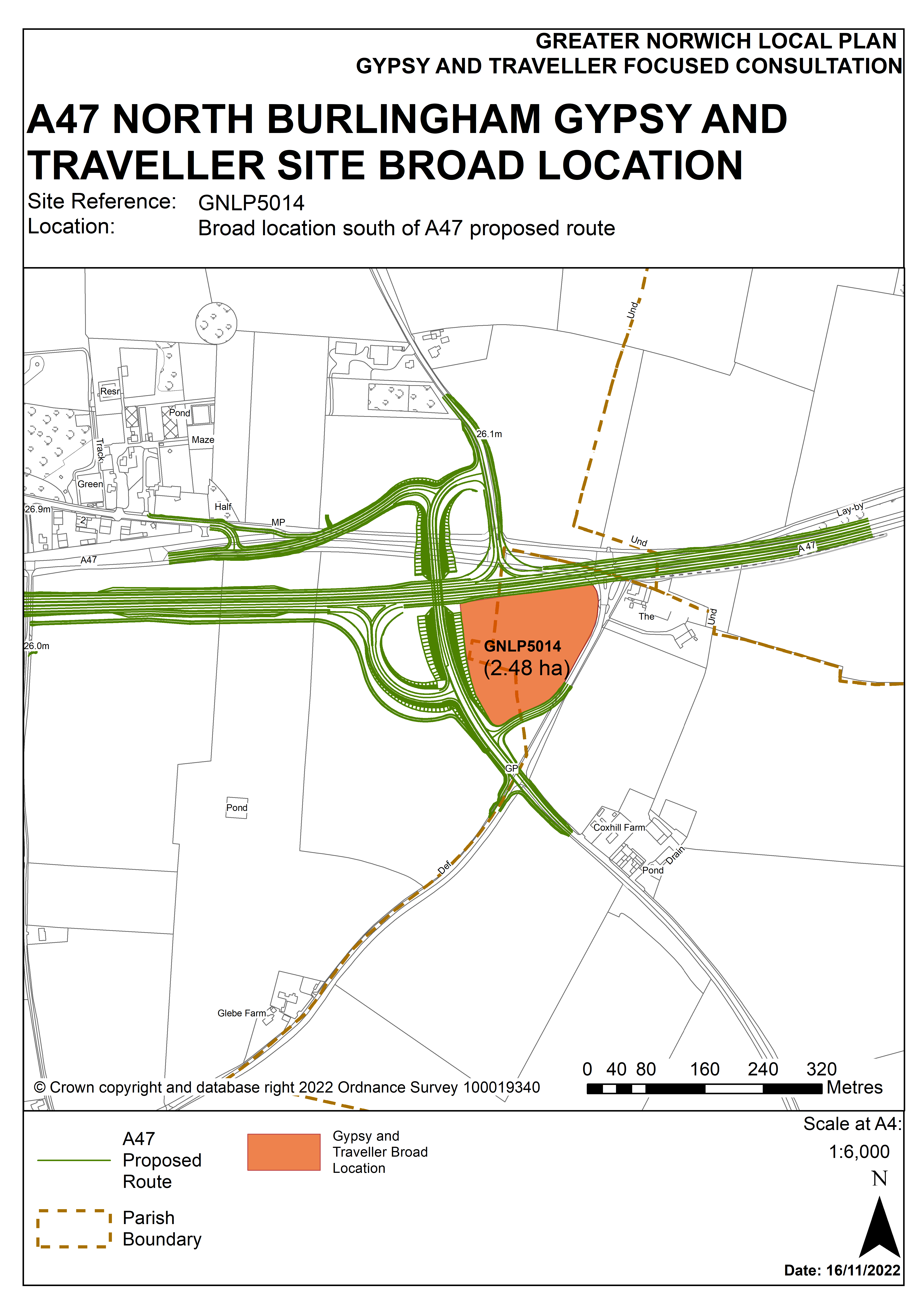 Map showing the broad location south of A47 proposed route