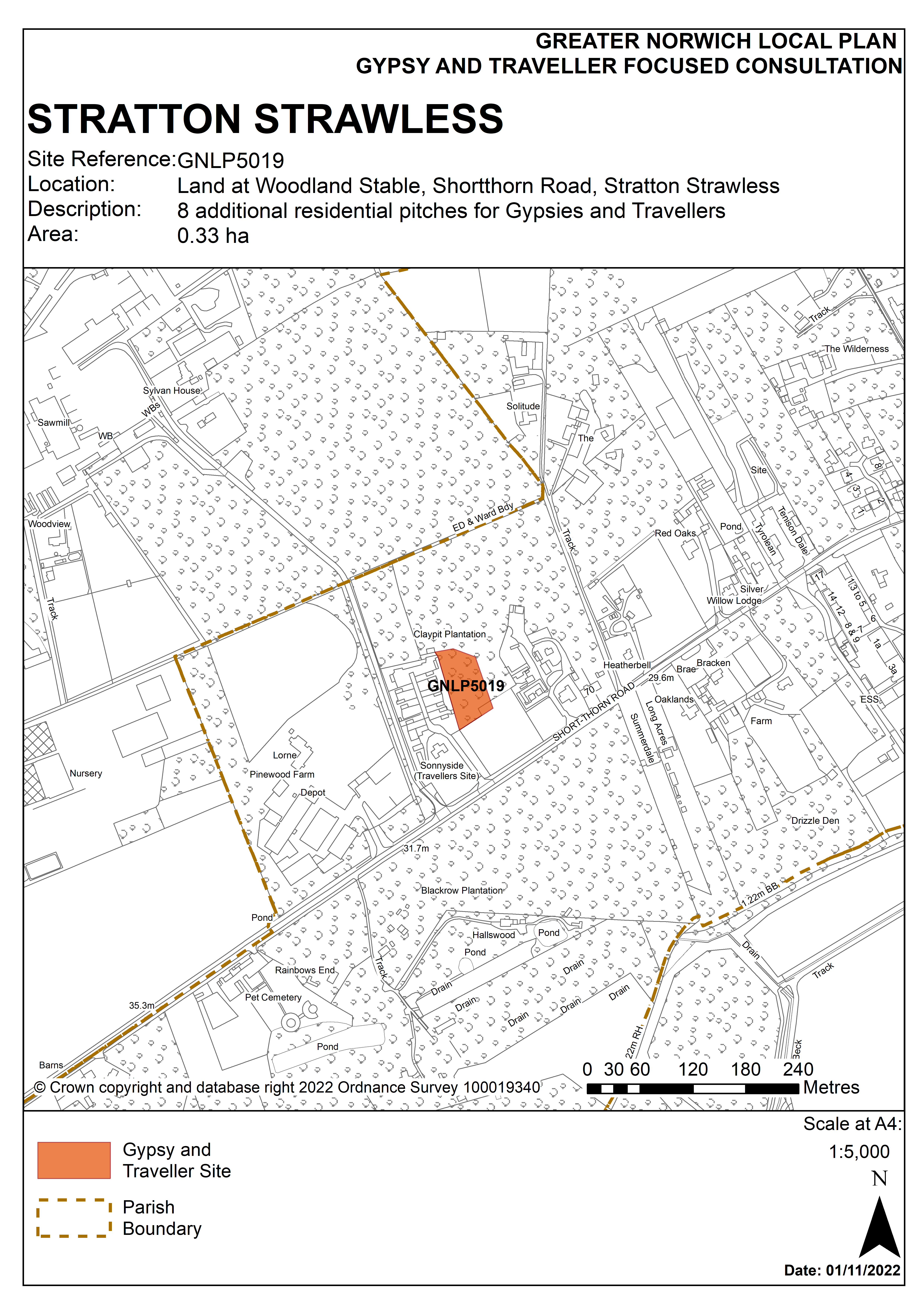 Map showing proposed Gypsy and Traveller site at Woodland Stable, Shortthorn Road, Stratton Strawless