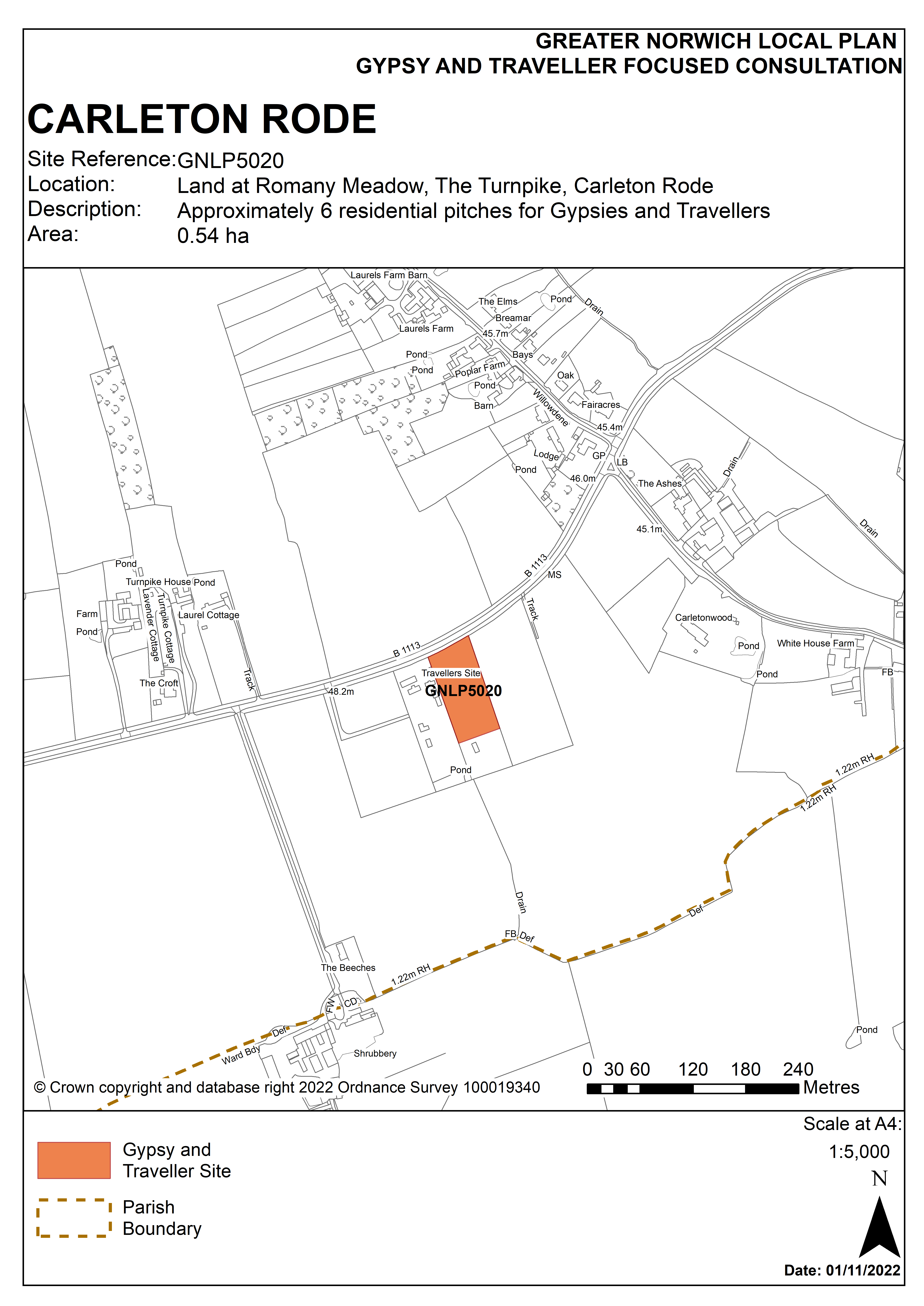 Map showing proposed Gypsy and Traveller site at Romany Meadow, The Turnpike, Carleton Rode