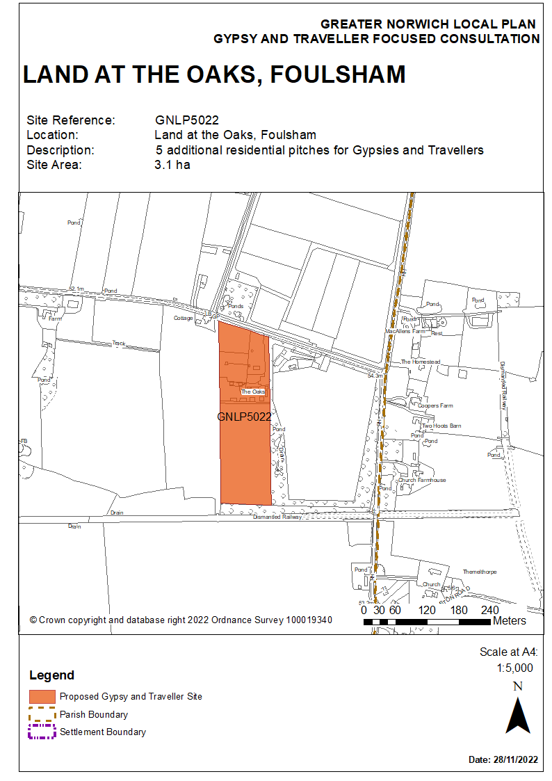 Map showing the proposed Gypsy and Traveller site off Reepham Road, The Oaks, Foulsham