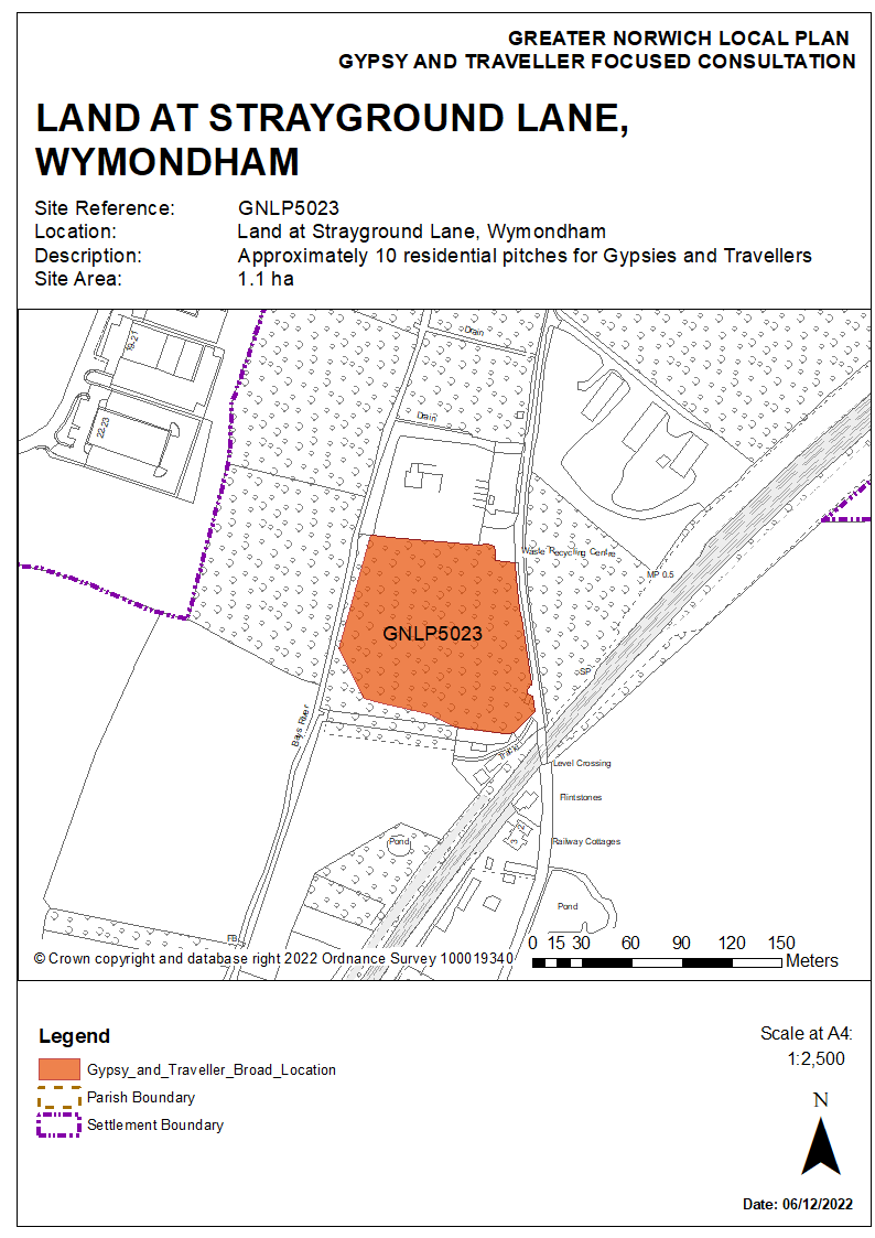 Map showing proposed Gypsy and Traveller site at Strayground Lane, Wymondham