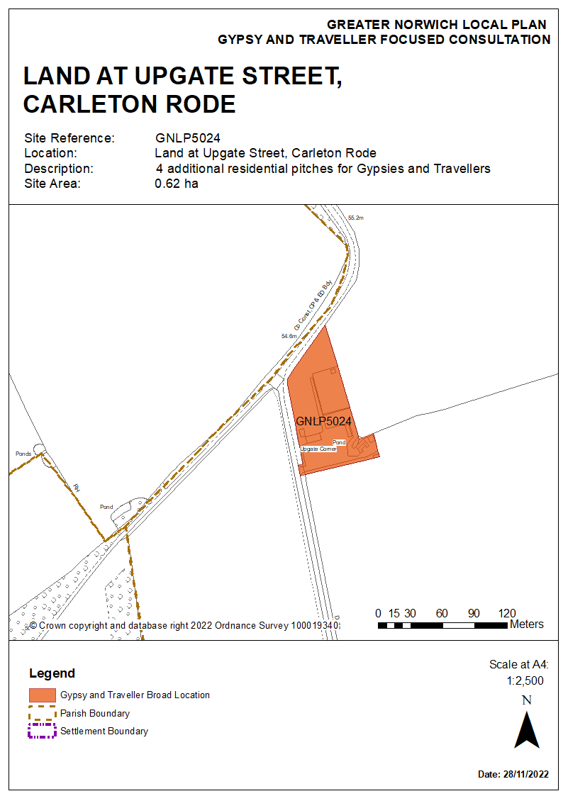 Map showing proposed Gypsy and Traveller site at Upgate Street, Carleton Rode