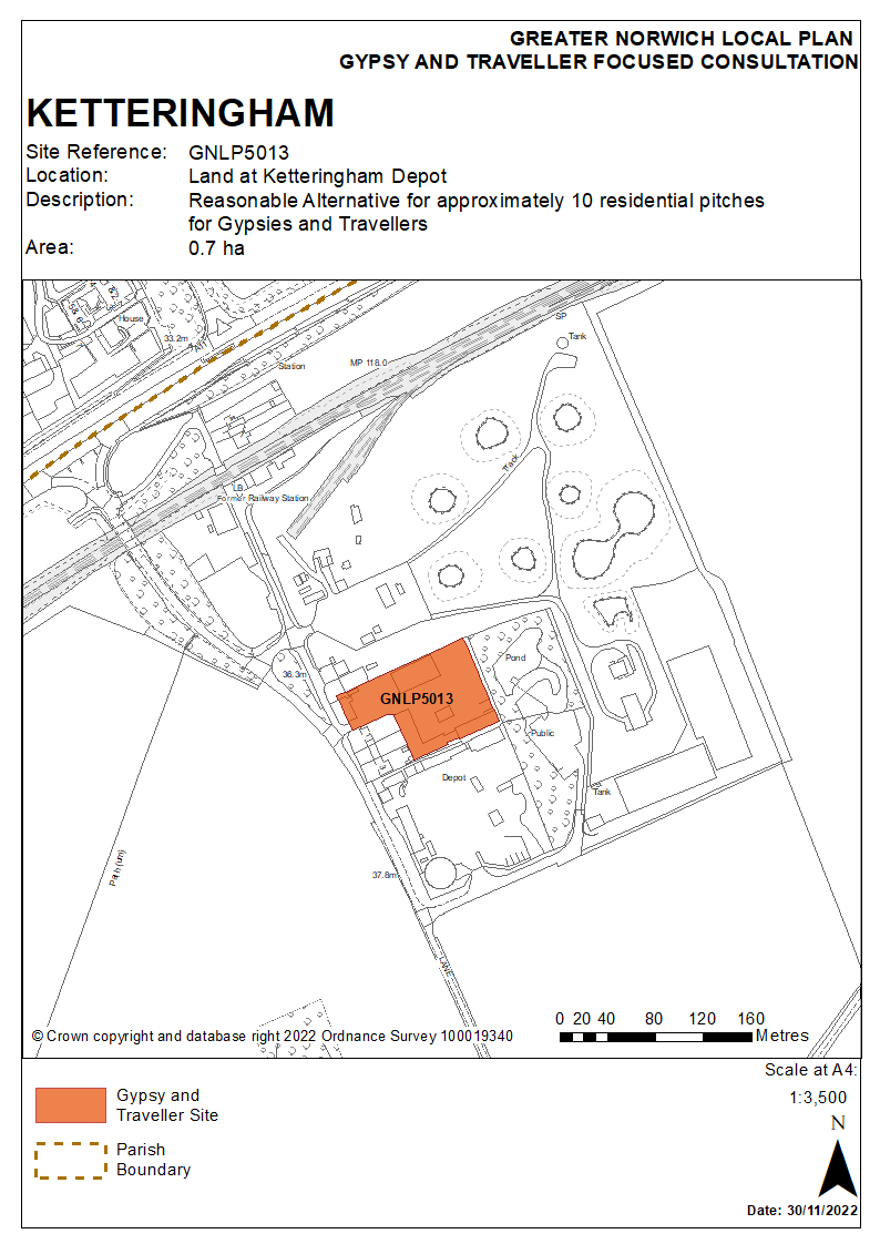 Map showing reasonable alternative for a proposed Gypsy and Traveller Site at Ketteringham Depot land west of Station Lane, Ketteringham