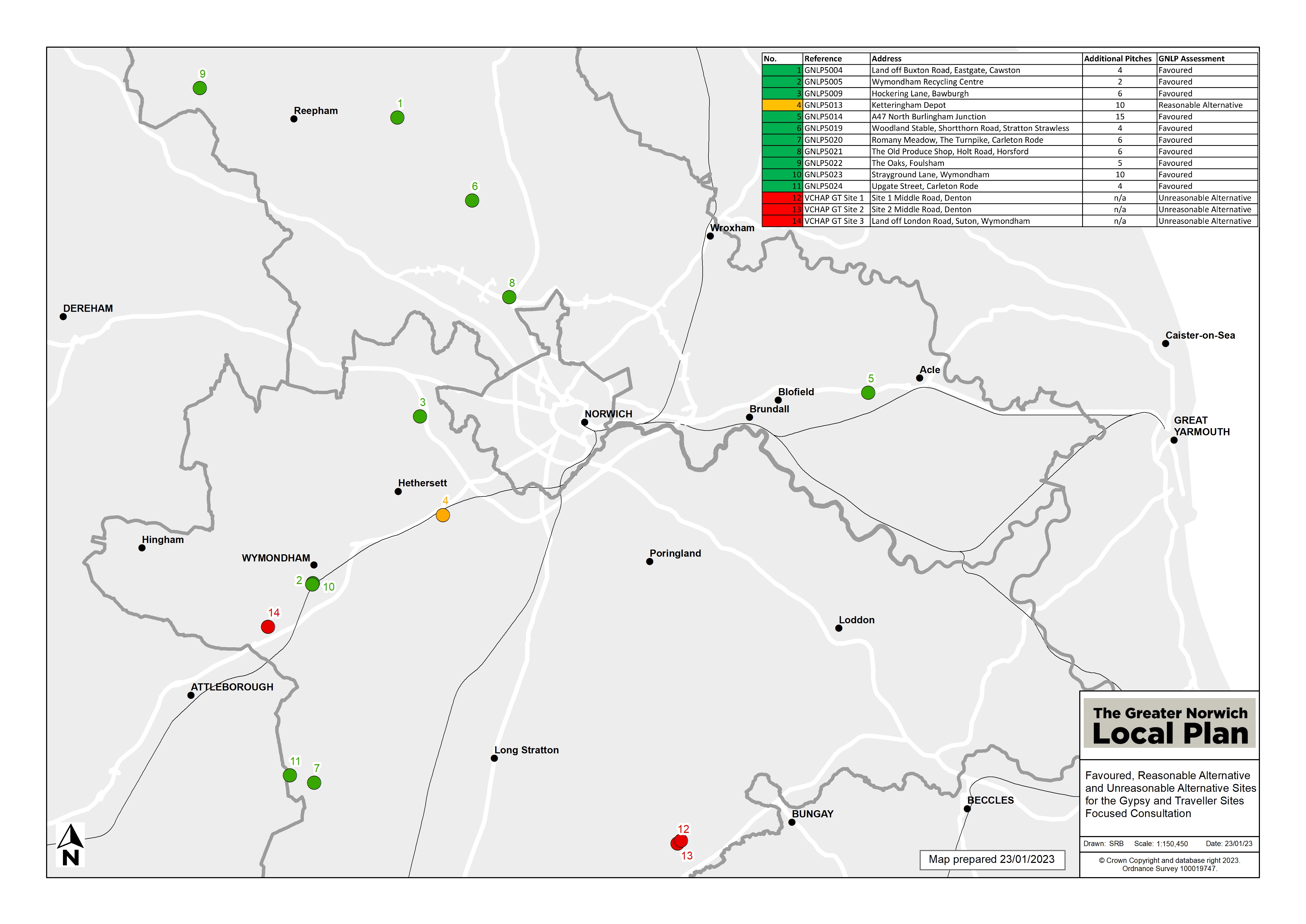 Distribution map of the favoured, reasonable alternative and unreasonable sites