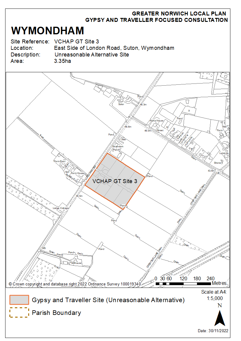 Map showing VCHAP Site 3, Land off London Road, Suton, Wymondham